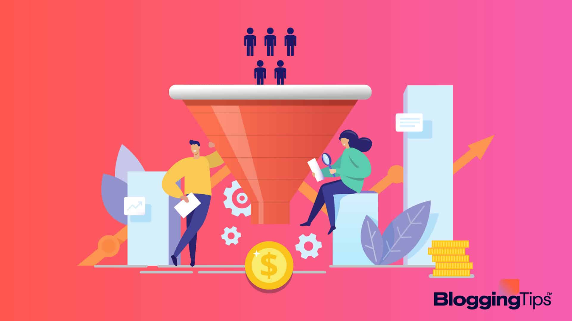 vector graphic showing an illustration of people adding people into an affiliate marketing funnel to earn money