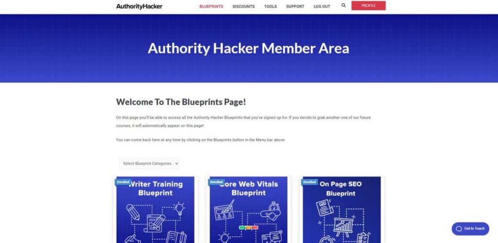 screenshot of the blueprints page on authority hacker pro