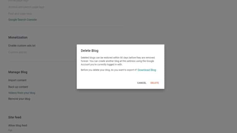 screenshot of the delete blogger account screen