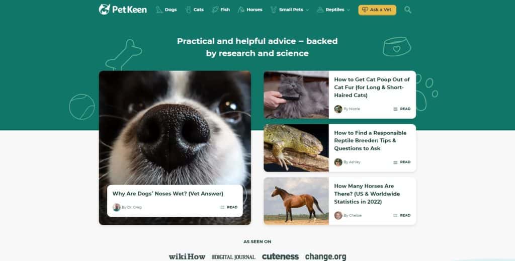 screenshot of the petkeen homepage