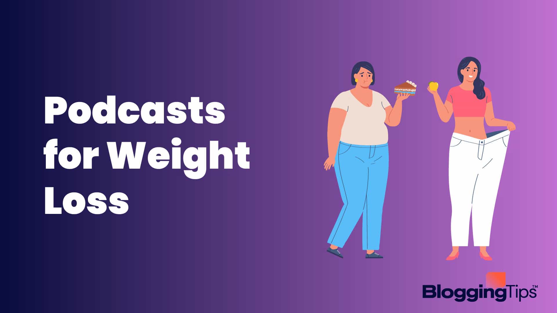 vector graphic showing an illustration of a woman holding pants around her waist that are way too big with a copy of her standing next to that, being fat with the big block text 