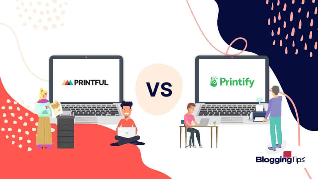 vector graphic showing the logos of printful vs printify on two computer screens arranged side by side