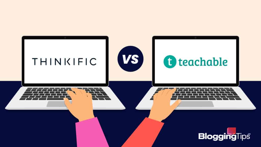 vector graphic showing thinkific vs teachable - two laptops sitting side by side with the thinkific logo on one and the teachable logo on the other