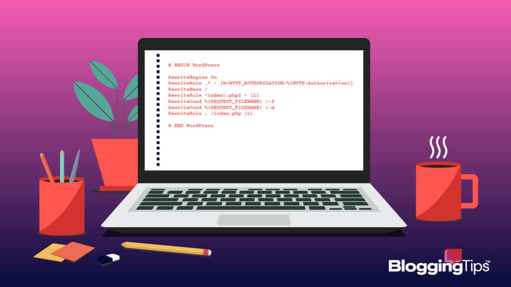 vector graphic showing a laptop with a wordpress htaccess file on the screen