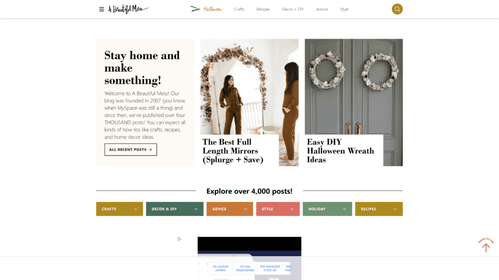 screenshot of the a beautiful mess homepage