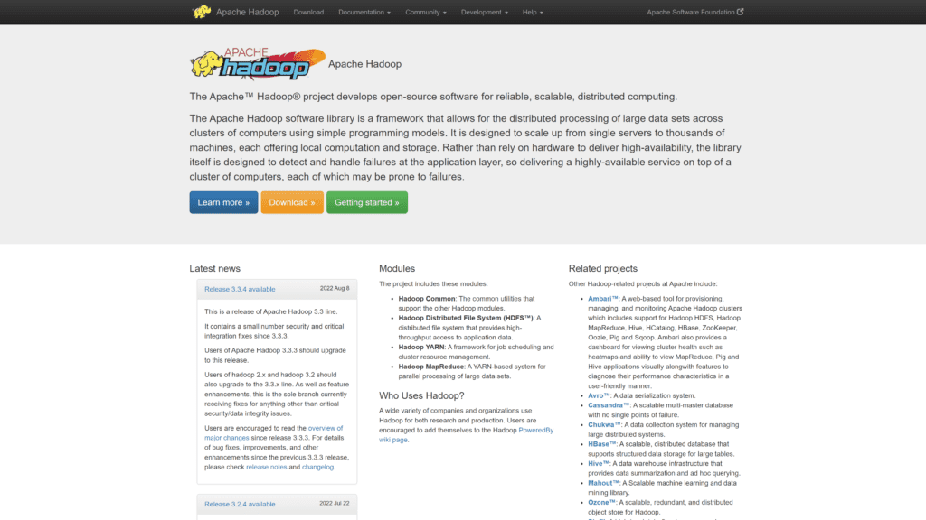 screenshot of the apache hadoop homepage