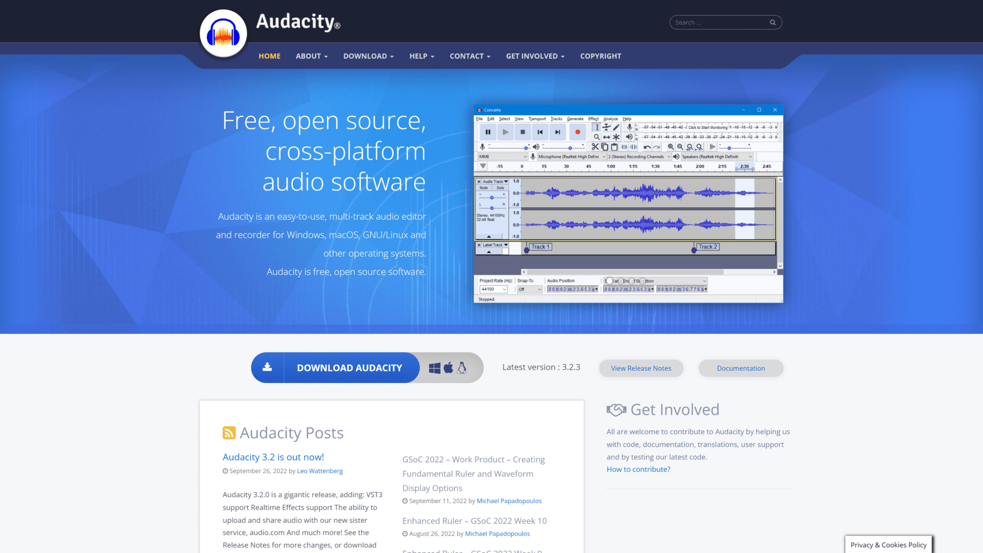 A screenshot of the audacity homepage