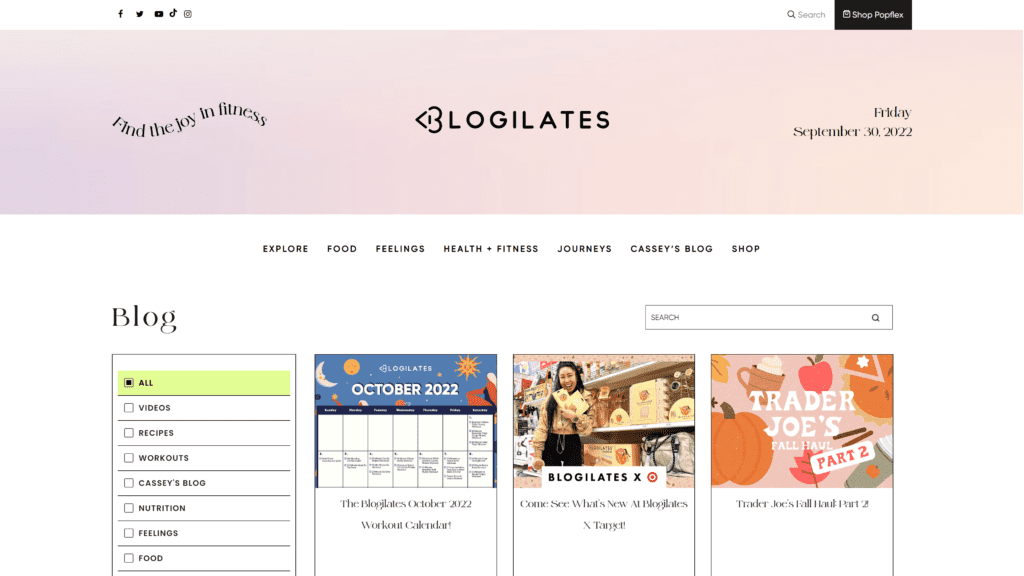 screenshot of the blogilates homepage