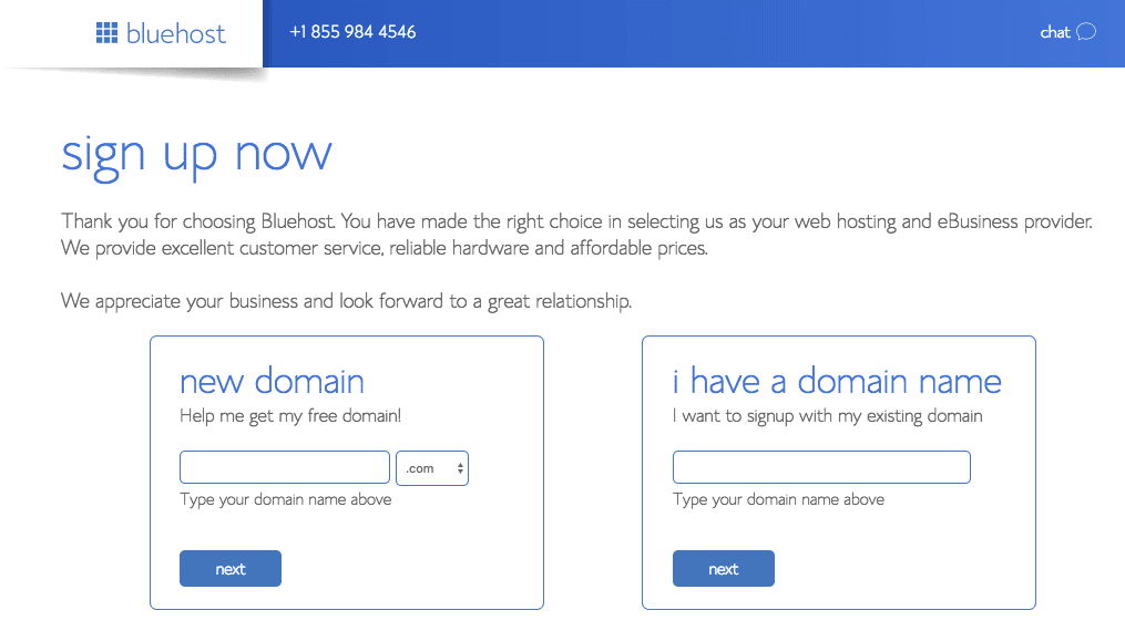 screenshot of the how to enter a domain page on bluehost.com