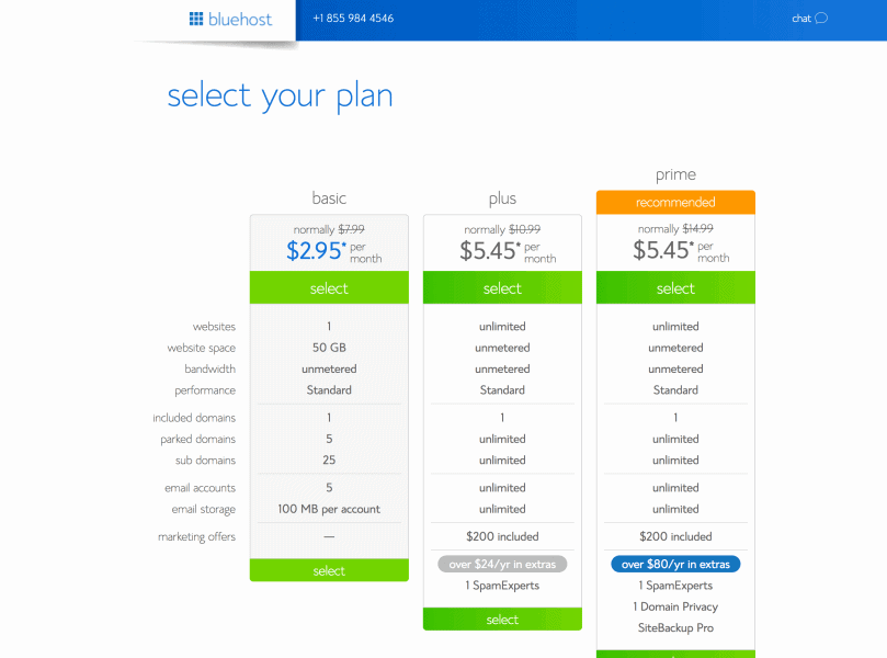 screenshot of the select a plan page on bluehost.com