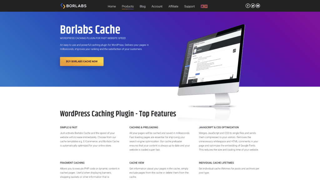 screenshot of the borlabs cache homepage