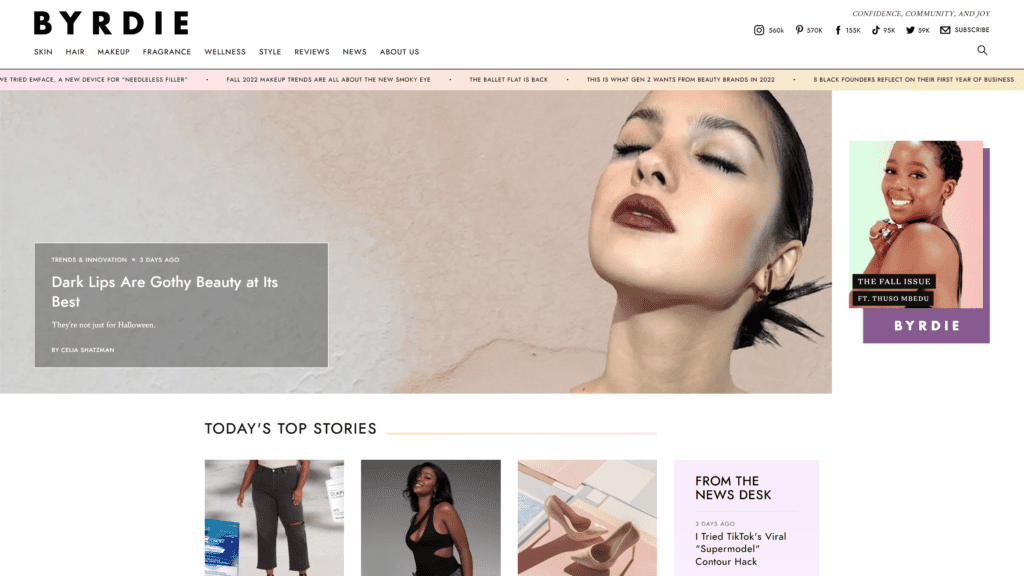 screenshot of the byrdie homepage