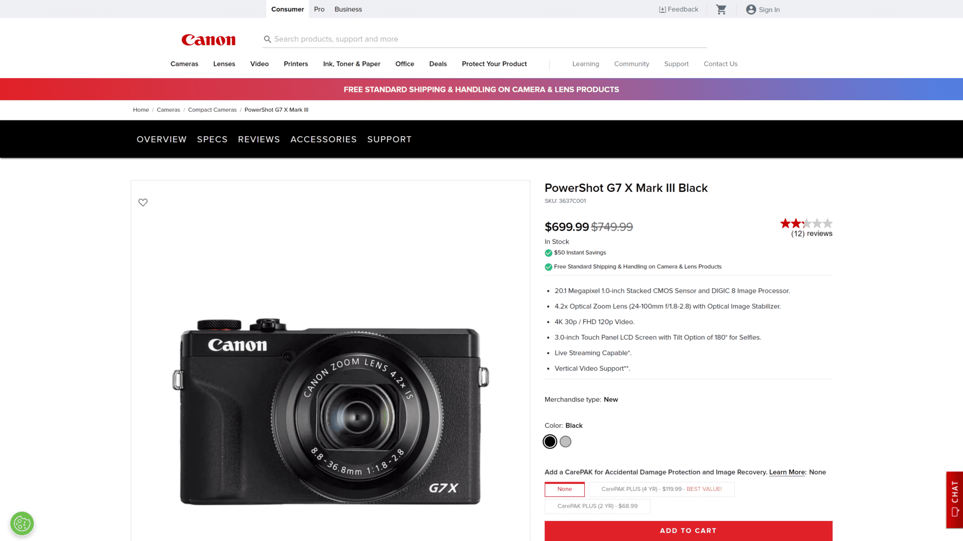 screenshot of the canon powershot g7 x mark III homepage