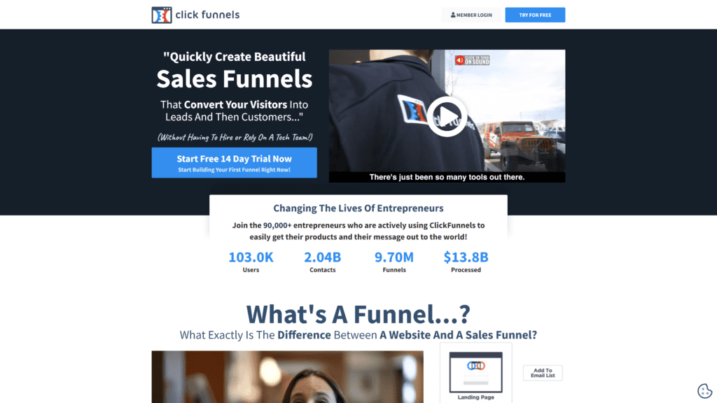 screenshot of the clickfunnels homepage