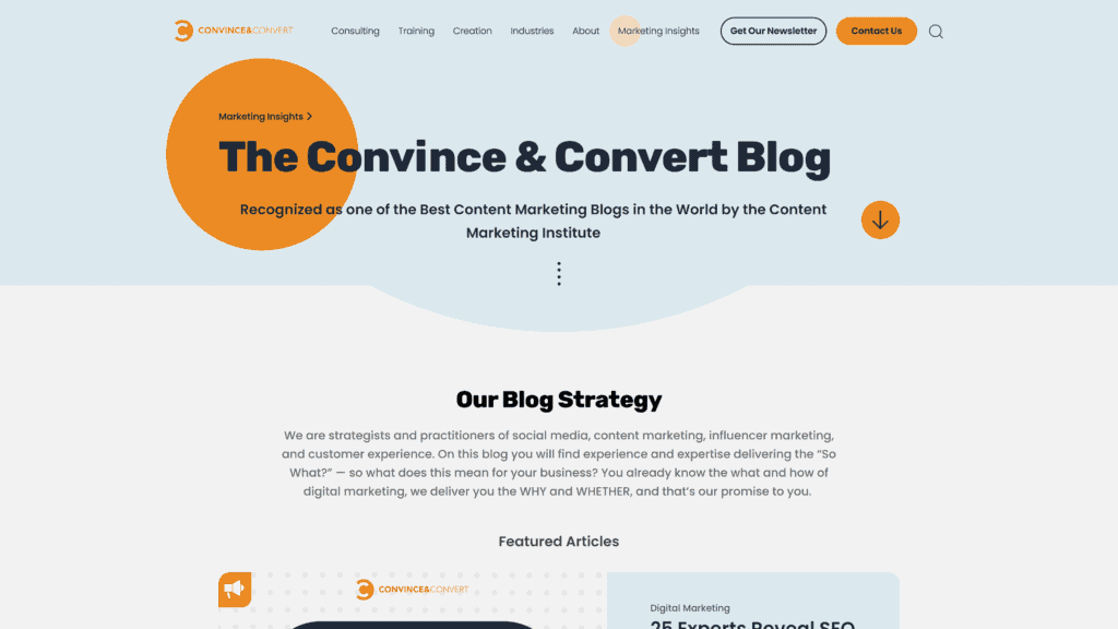 screenshot of the convince and convert homepage