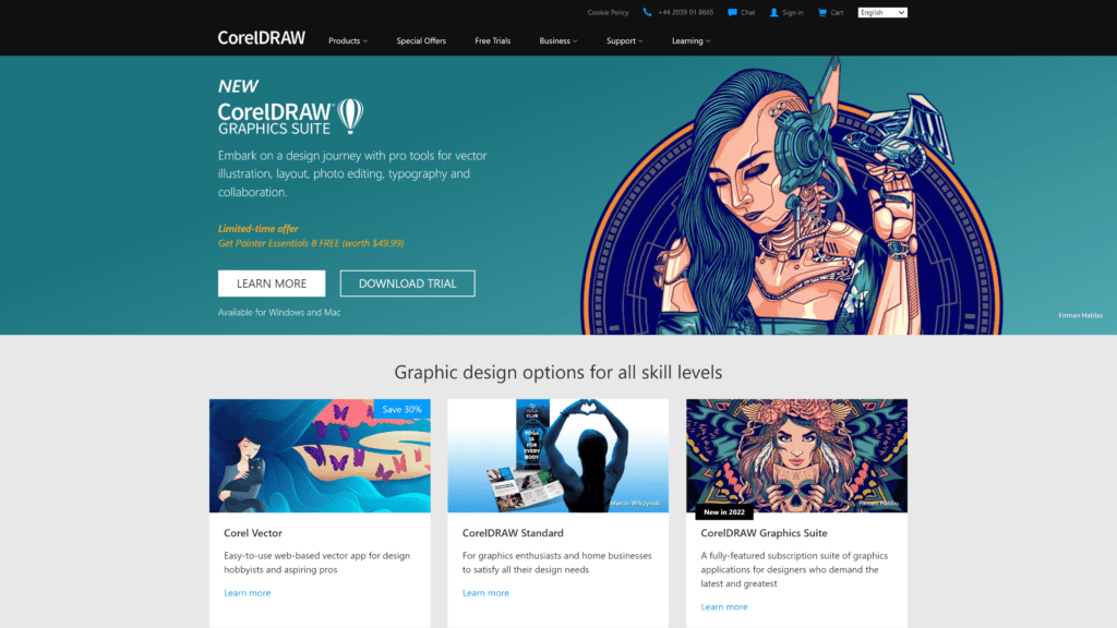 A screenshot of the coreldraw homepage