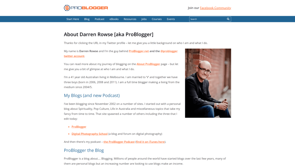 screenshot of the darren rowse problogger homepage