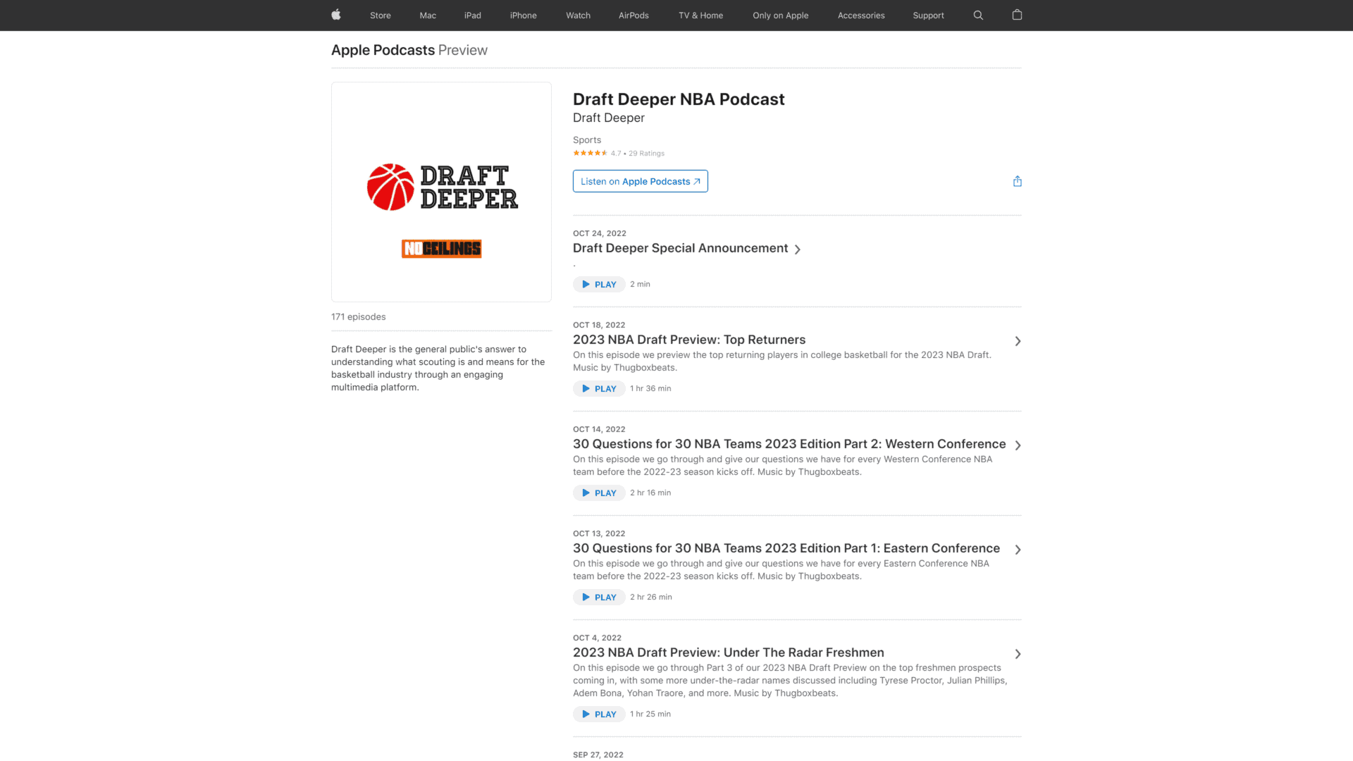 screenshot of the draft deeper NBA podcast homepage