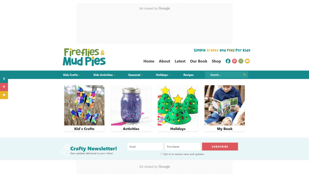 screenshot of the fireflies-mudpies homepage