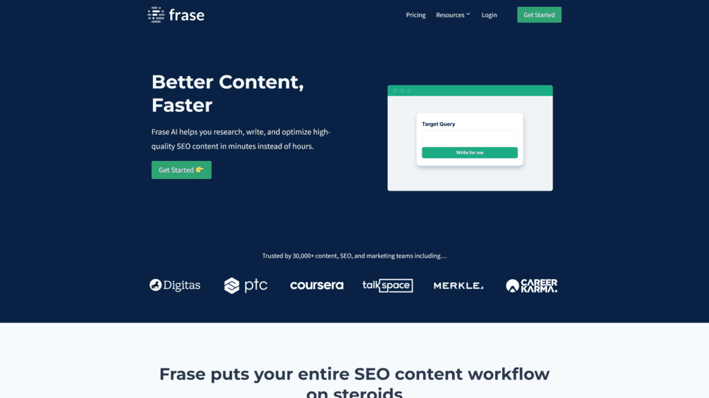 A screenshot of the frase homepage