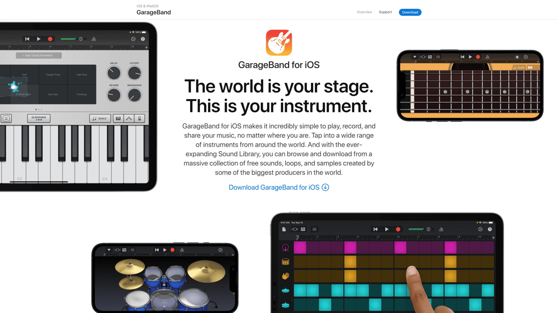 A screenshot of the Garage band homepage