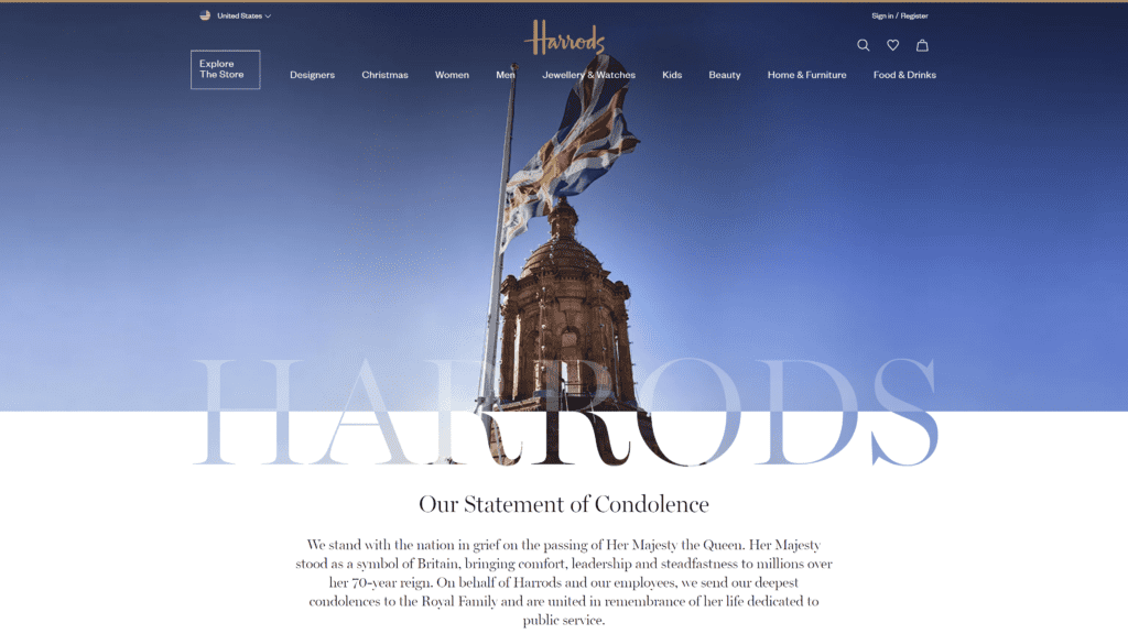 screenshot of the harrods homepage