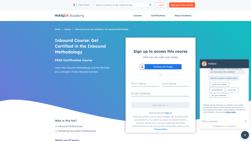 A screenshot of the inbound marketing course by hubspot homepage