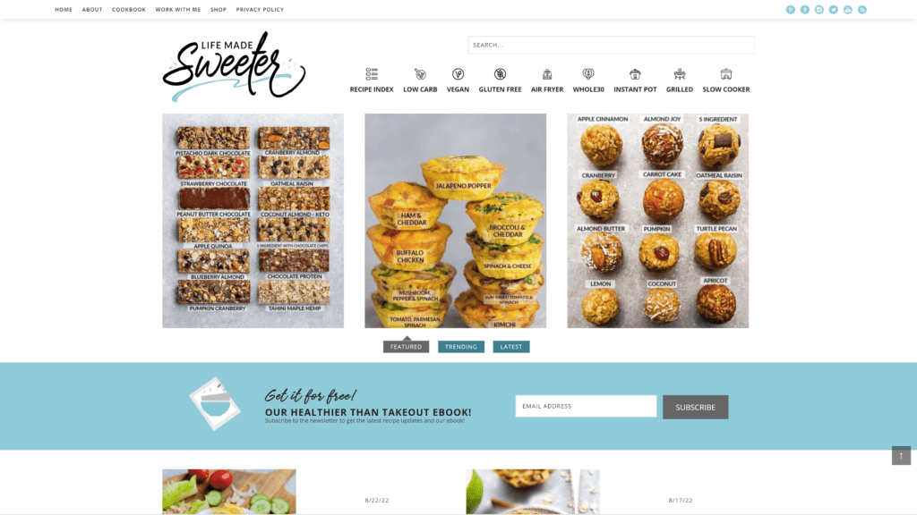 screenshot of the life made sweeter homepage