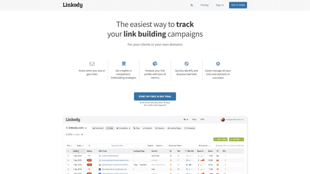 screenshot of the linkody homepage