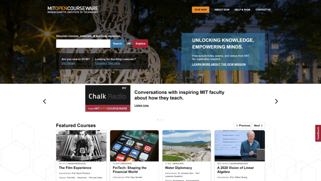 MIT OpenCourseware homepage screeshot 1