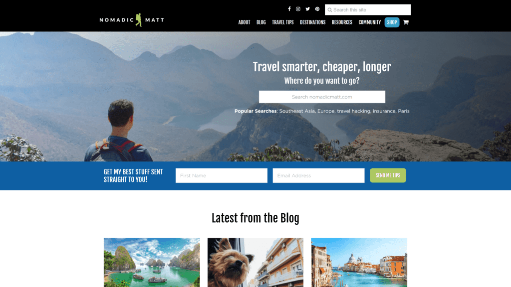 screenshot of the nomadic matt homepage