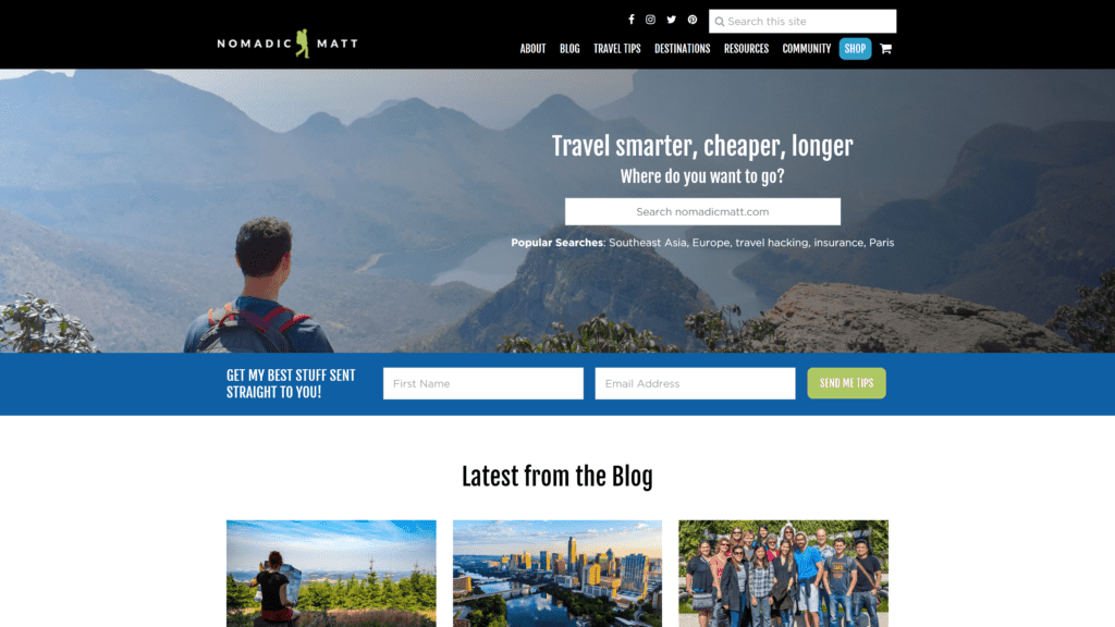 screenshot of the nomadic matt homepage