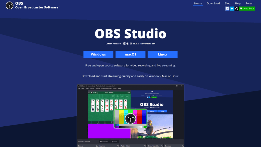 screenshot of the obs homepage