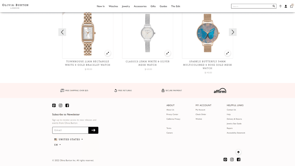 screenshot of the olivia burton homepage