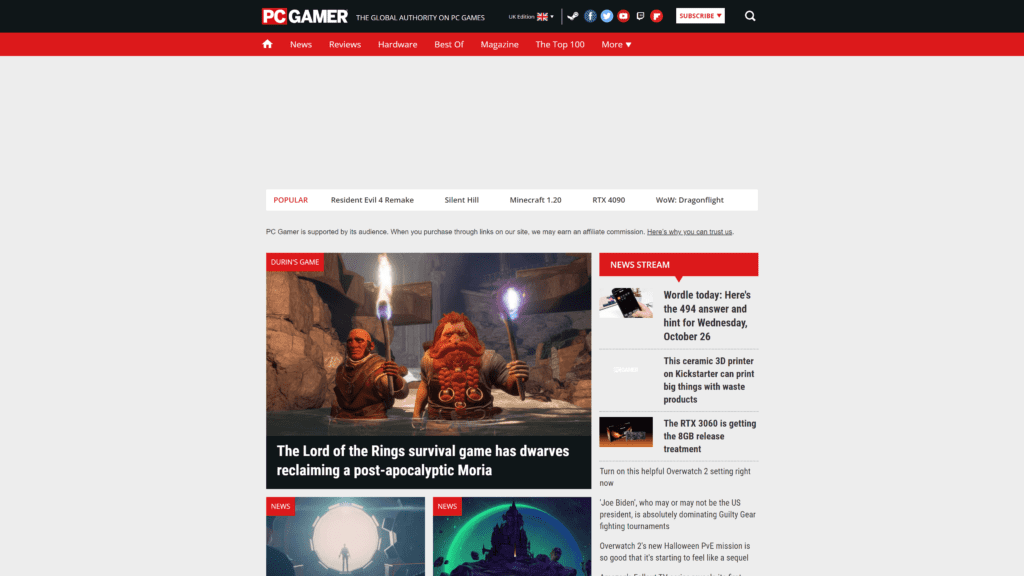 screenshot of the pcgamer homepager