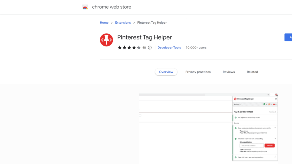 screenshot of the pinterest tag helper homepage