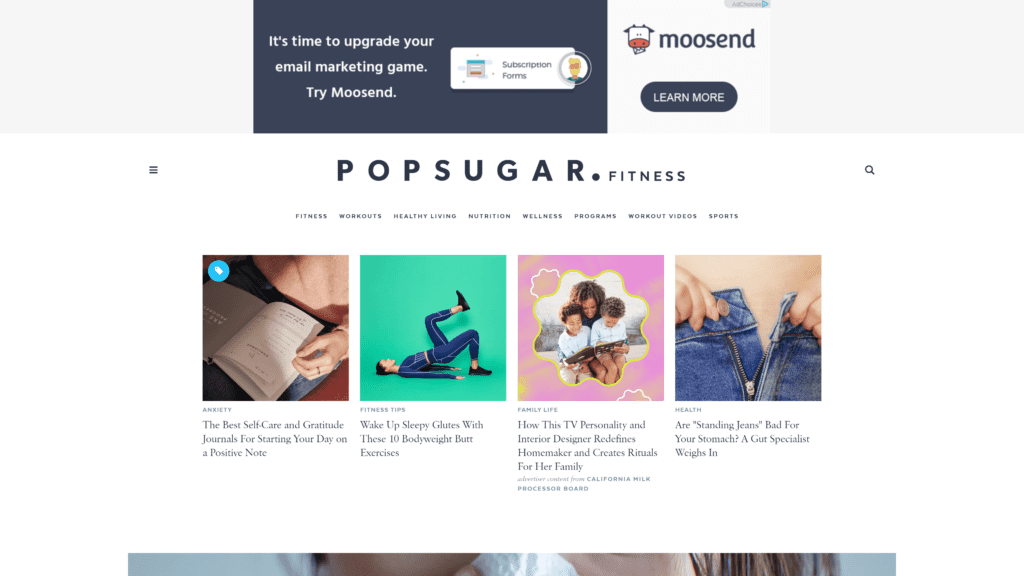 screenshot of the popsugar fitness homepage