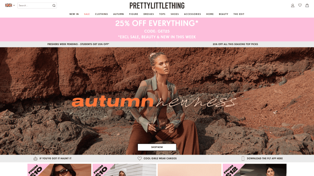 screenshot of the preetylittlething homepage