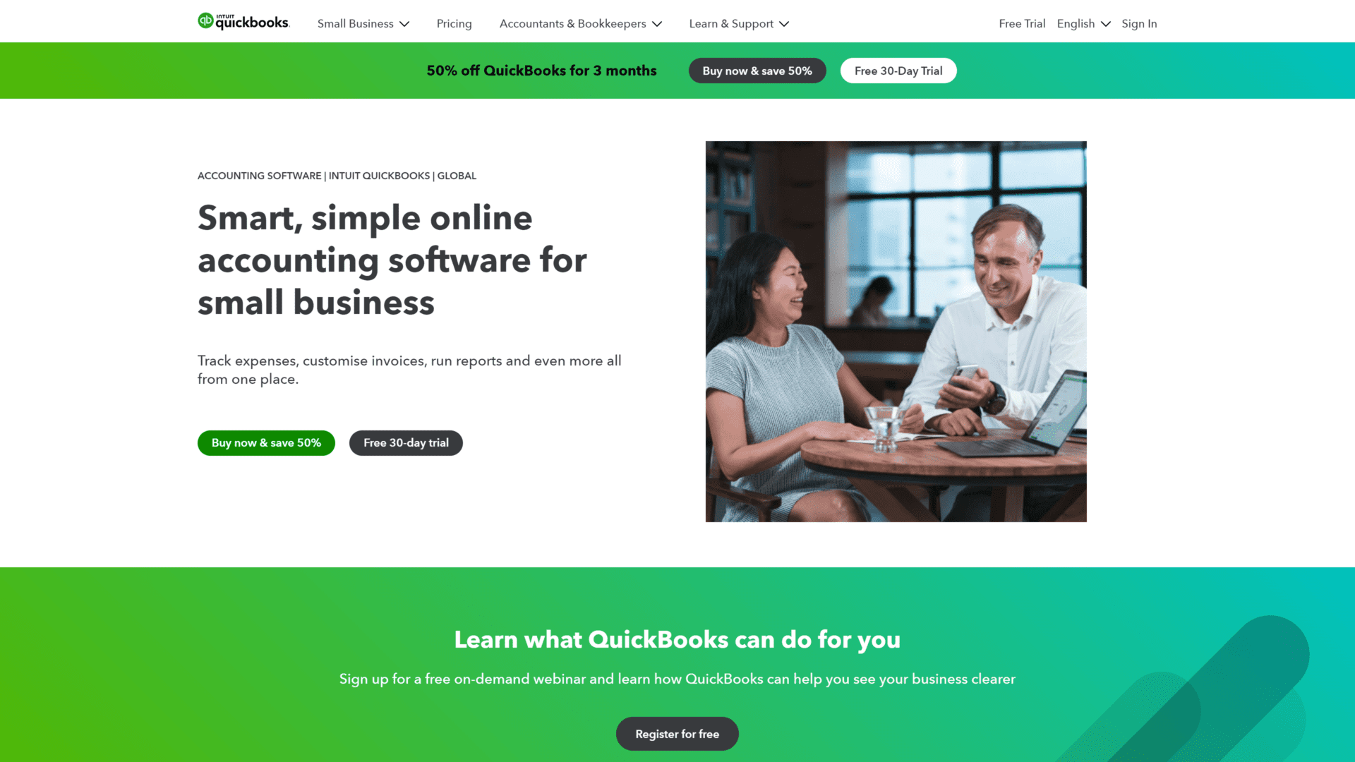 screenshot of the quickbooks online homepage