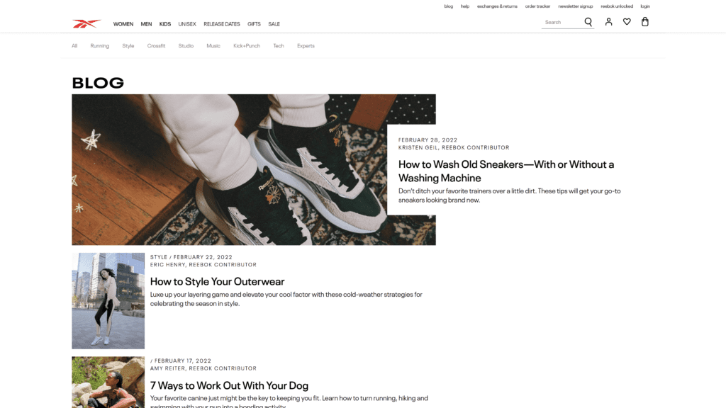 a screenshot of the reebok fitness blog homepage