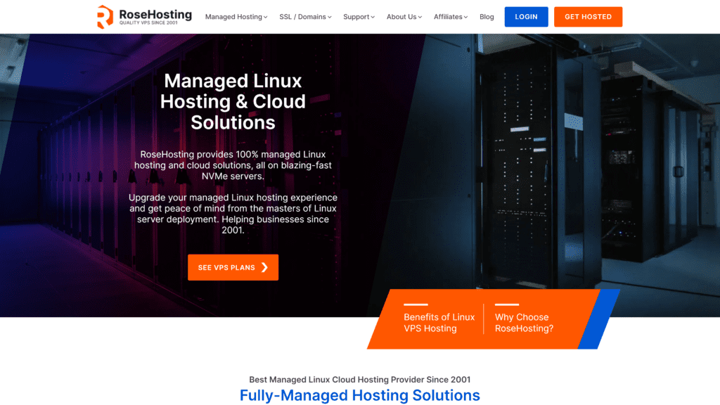 screenshot of the rosehosting homepage