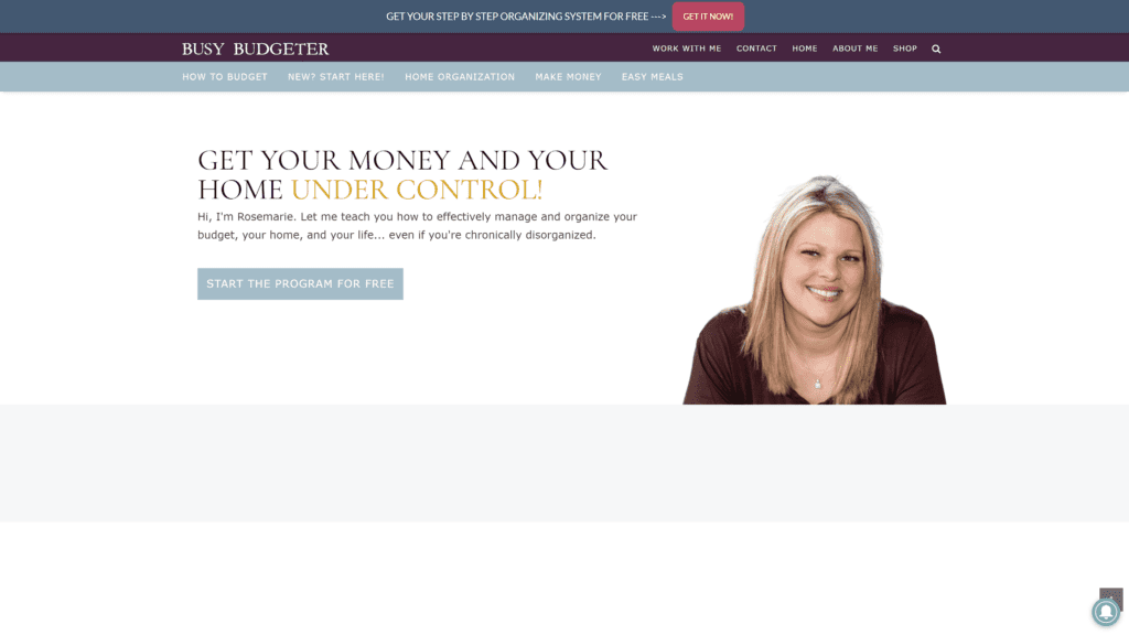 screenshot of the rosemarie groner busy budgeter homepage