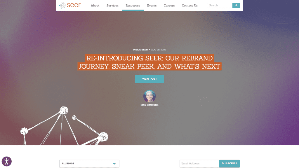 A screenshot of the seer interactive homepage