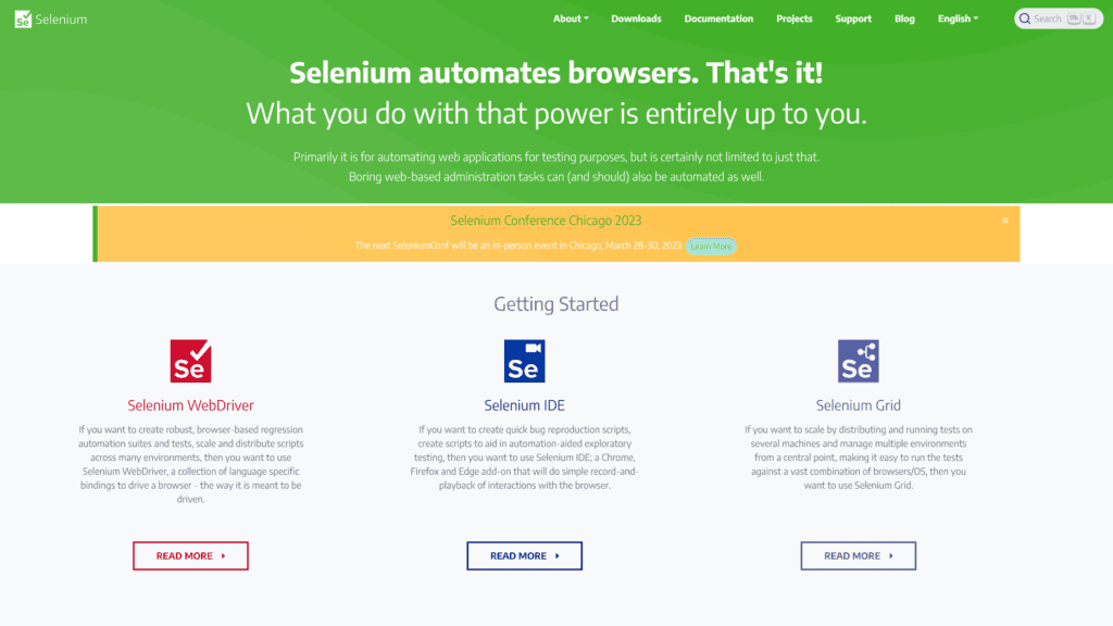 screenshot of the selenium homepage