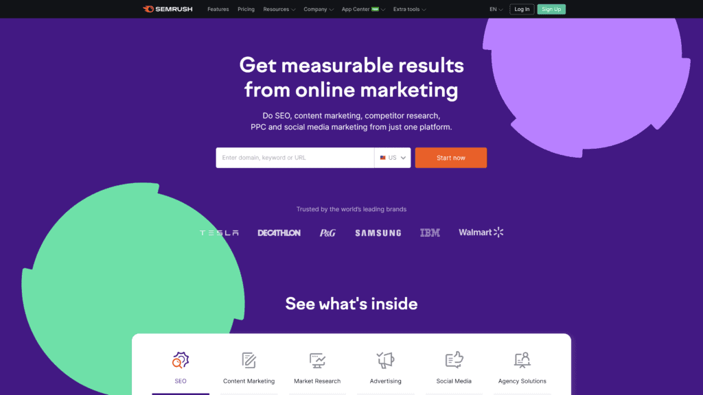 A screenshot of the semrush homepage