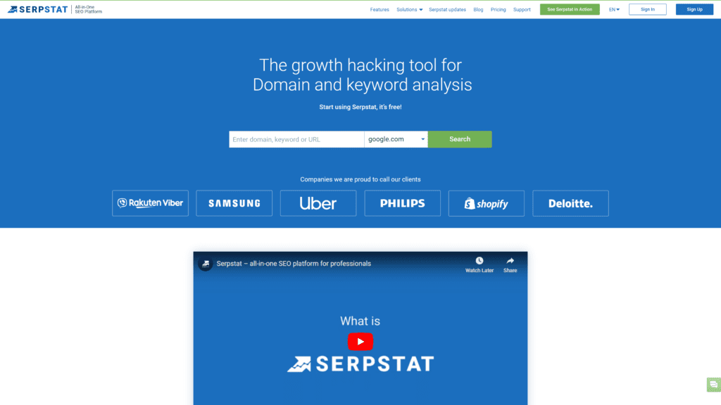 sreenshot of the serpstat homepage