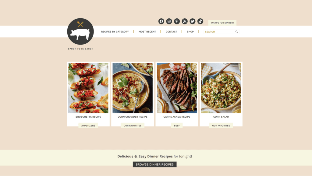 screenshot of the spoon fork bacon homepage
