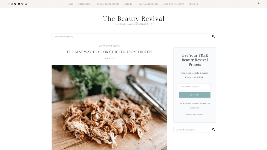 screenshot of the beauty revival homepage