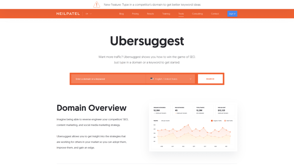 screenshot of the ubersuggest homepage