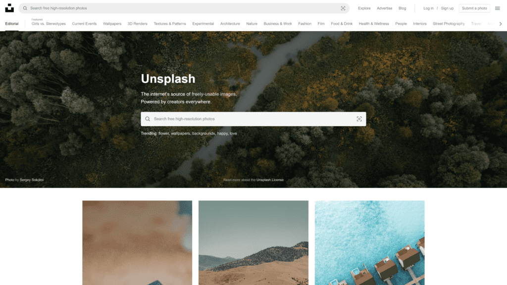 screenshot of the unsplash homepage